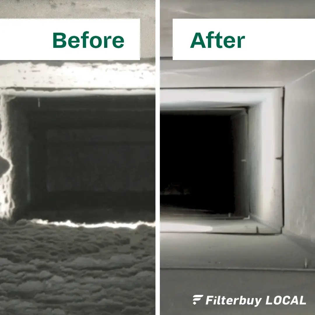 An image of a before and after picture of an air duct dryer vent.