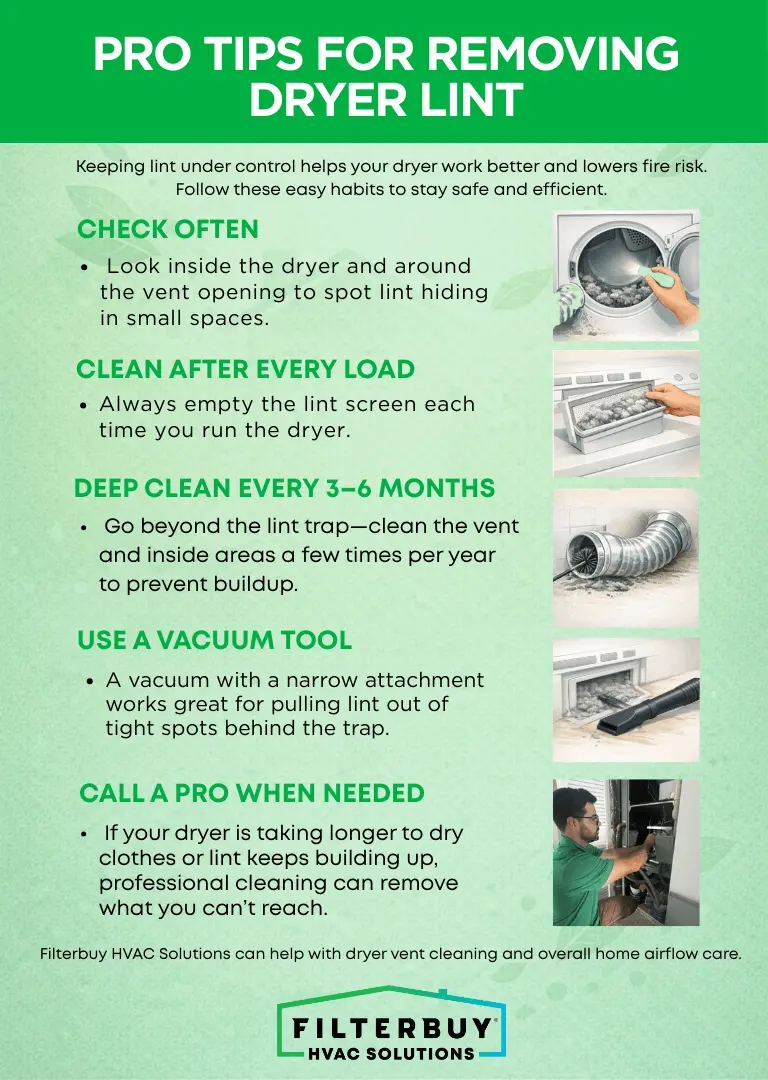 Infographic with pro tips for removing dryer lint to reduce fire risk and improve dryer efficiency.