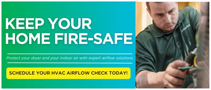 Banner promoting HVAC airflow check to keep your home fire-safe and protect indoor air quality.