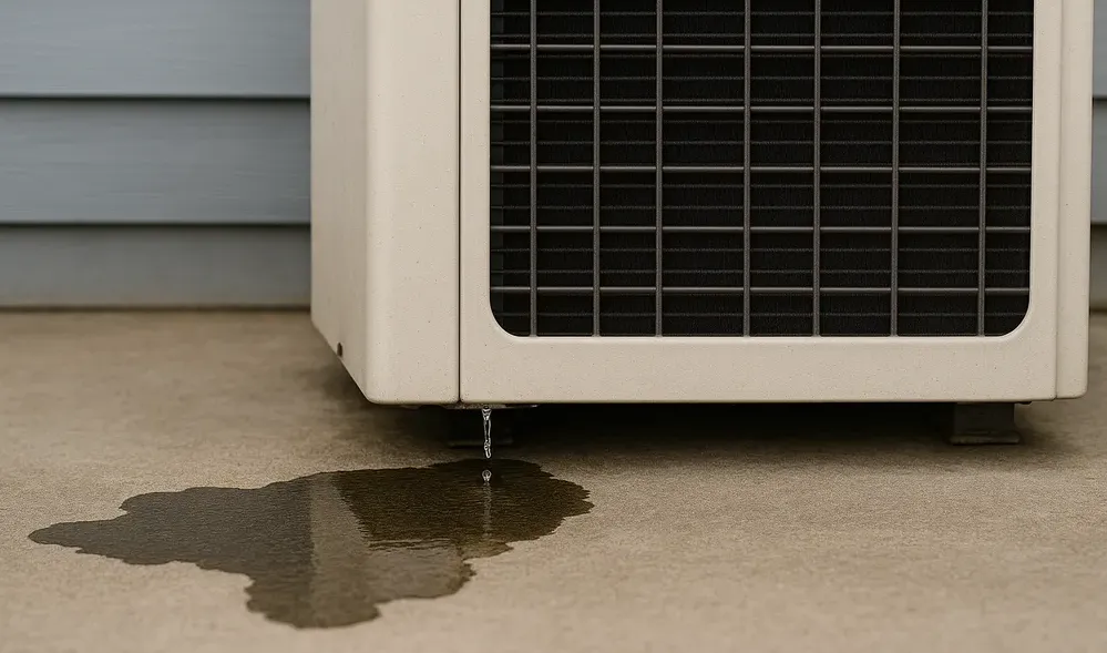 Close-up view of an HVAC unit with water leaking from a joint, indicating a potential issue with the system.