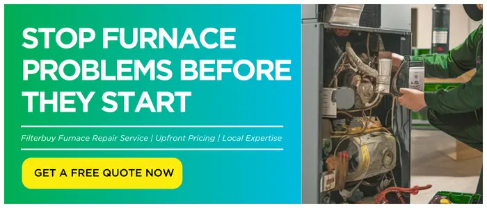 Filterbuy furnace repair service technician inspecting HVAC system to prevent furnace problems with upfront pricing and free quote offer.