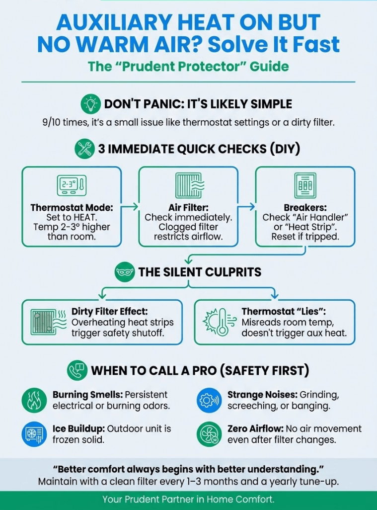 Infographic of Auxiliary Heat Is On but No Warm Air? Solve It Fast – Use This Common Thermostat Troubleshooting Chart