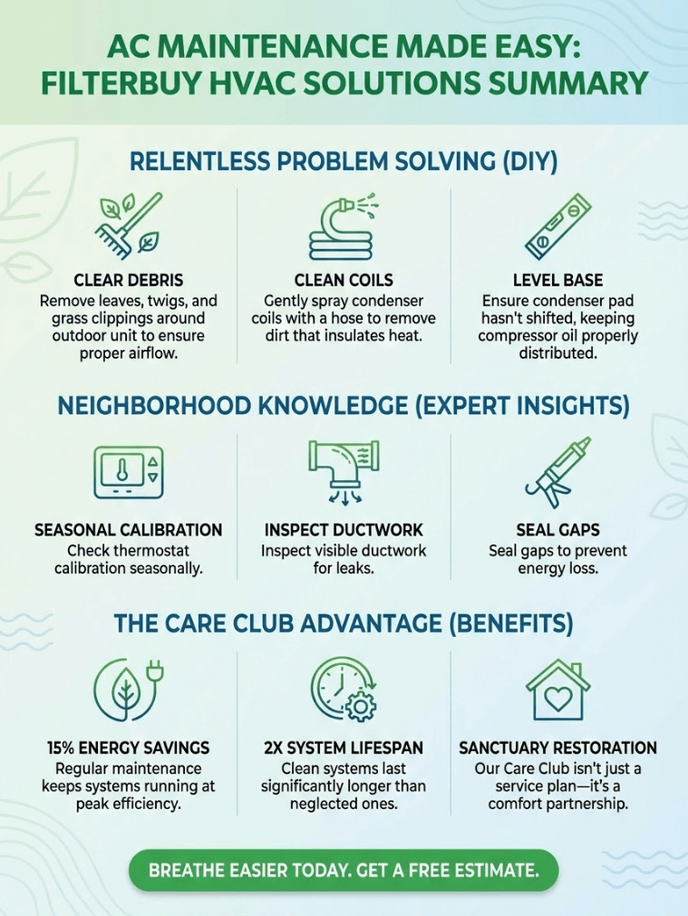 Infographic showing easy air conditioner maintenance tips, including clearing debris, cleaning AC coils, leveling the condenser, inspecting ductwork, sealing air leaks, and improving HVAC energy efficiency with Filterbuy HVAC Solutions.