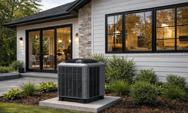 New modern HVAC system installed outside a 2,000 sq ft home, showing the average cost of a new HVAC system for a single-family house.