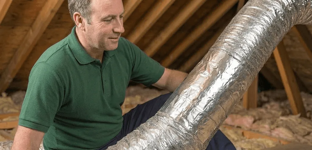 An HVAC technician repairing a torn HVAC air duct in an attic using foil HVAC tape to seal leaks and minimize repair costs while improving airflow efficiency.
