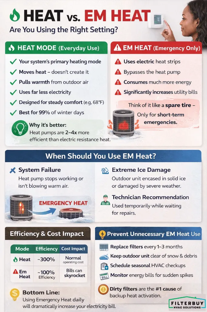 Infographic of Heat vs. Em Heat Mode: Are You Using the Right Setting? Learn the Key Differences Between Heat and Emergency Heat Mode on Thermostats and How They Turn On