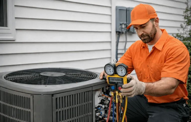 image of an HVAC technician completing Home Depot air conditioner tune-up at residential home
