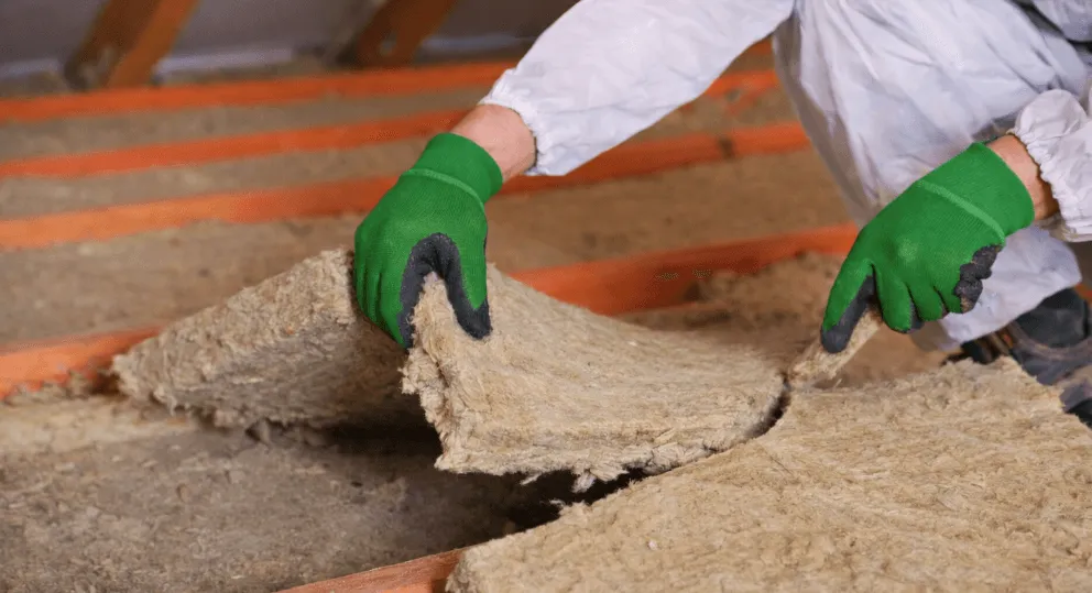 Image of a professional removing and replacing damaged attic insulation with new fiberglass batts to improve home energy efficiency and comfort