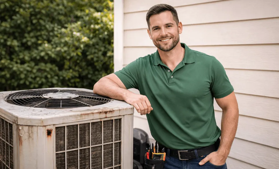 view of an HVAC technician standing beside a worn-out air conditioner unit, illustrating AC air conditioner replacement cost and what homeowners should expect to pay.