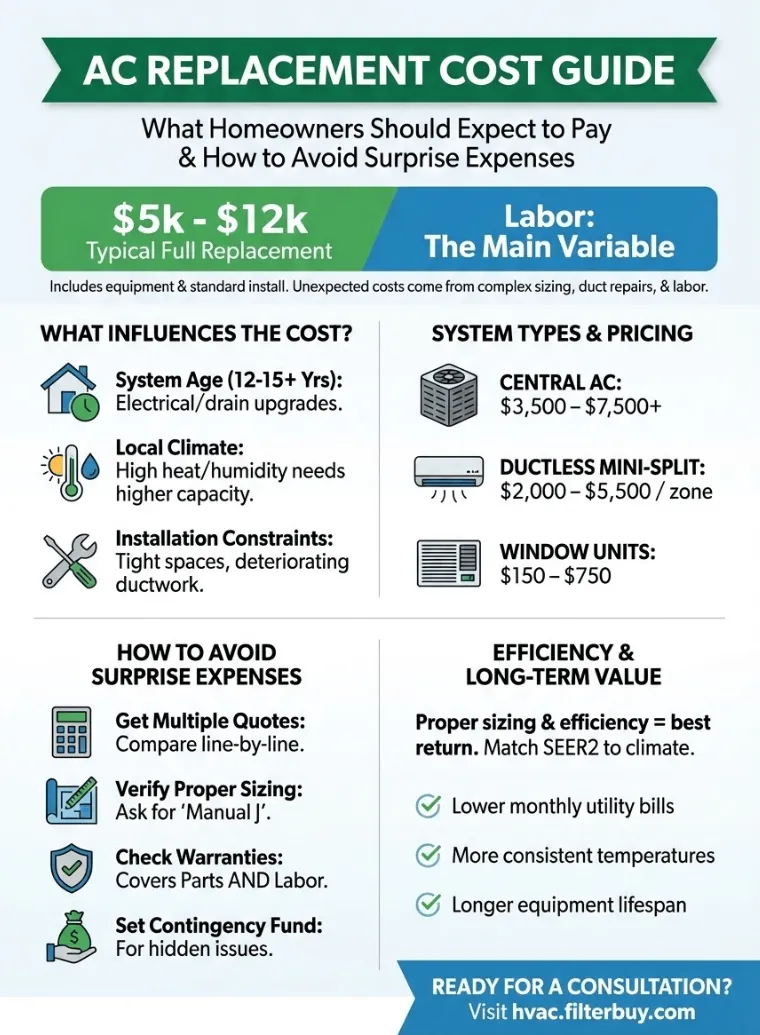 infographic of AC Air Conditioner Units Replacement Cost: What Homeowners Should Expect to Pay & How to Avoid Surprise Expenses
