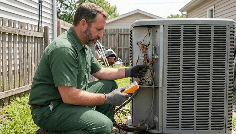 View of an HVAC technician performing an air conditioner tune-up outdoors, inspecting wiring and system performance to compare HVAC tune-up costs in Florida versus other U.S. states.