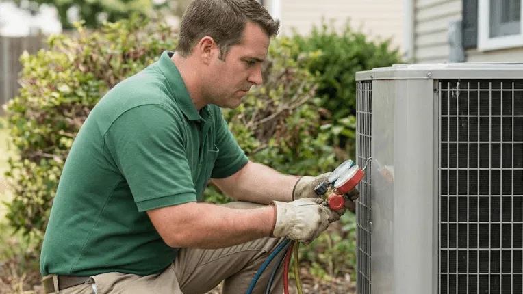 image of an HVAC technician performing an AC tune-up on an outdoor air conditioning unit as part of affordable local AC tune up specials that improve cooling efficiency, system performance, and home comfort all season long