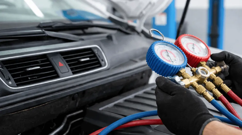 View of AC unit tune up and car AC service near me with technician checking refrigerant gauges under open hood to improve cooling performance and seasonal auto service specials