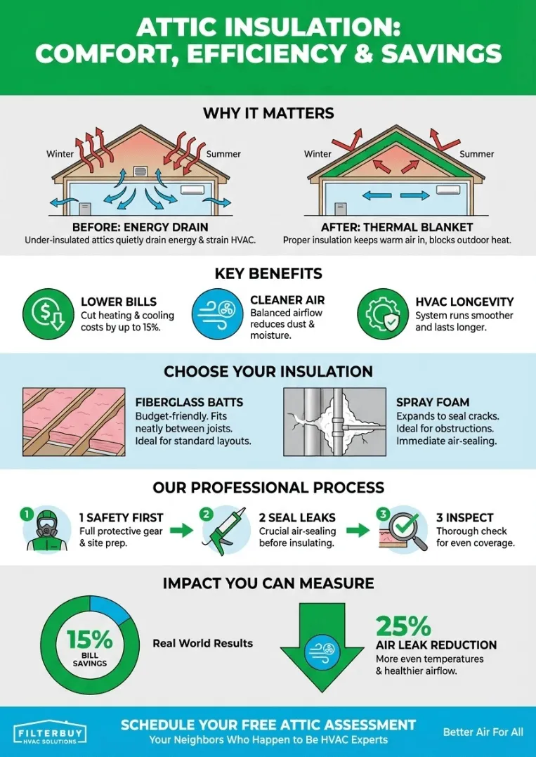Infographic of Filterbuy HVAC Solutions: Attic Insulation Installation | Improve Energy Efficiency & Comfort