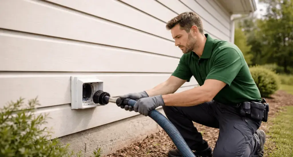 A view of a professional technician performing same-day dryer vent cleaning outside a home to prevent fires, improve dryer efficiency, and enhance household safety