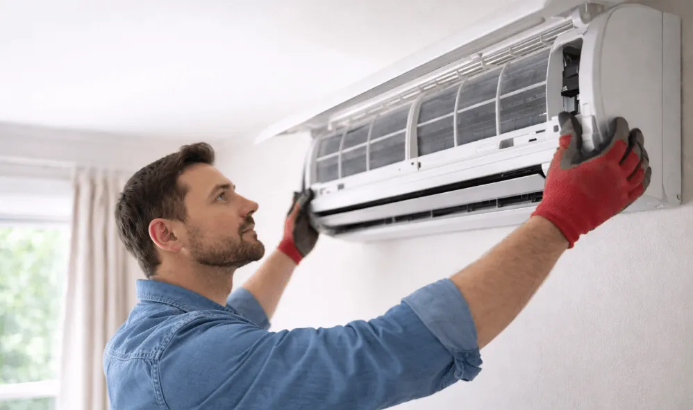 Image of a homeowner installing a wall-mounted ductless mini split air conditioning unit during home AC system replacement and installation process