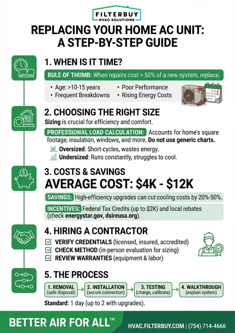 Infographic of How to Replace Home AC Air Conditioning Unit: A Step-by-Step Guide to Choosing, Removing, and Installing a New System