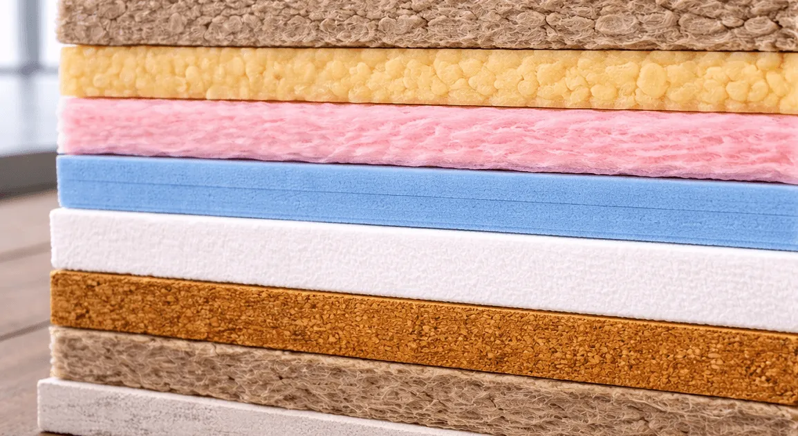 Close-up view of stacked insulation materials showing different types and thicknesses, illustrating an insulation R-value chart for improving home energy efficiency.