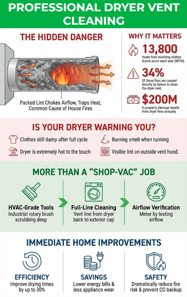 Infographic of Professional Dryer Exhaust Vent Cleaning from Filterbuy HVAC Solutions: Improve Safety & Efficiency