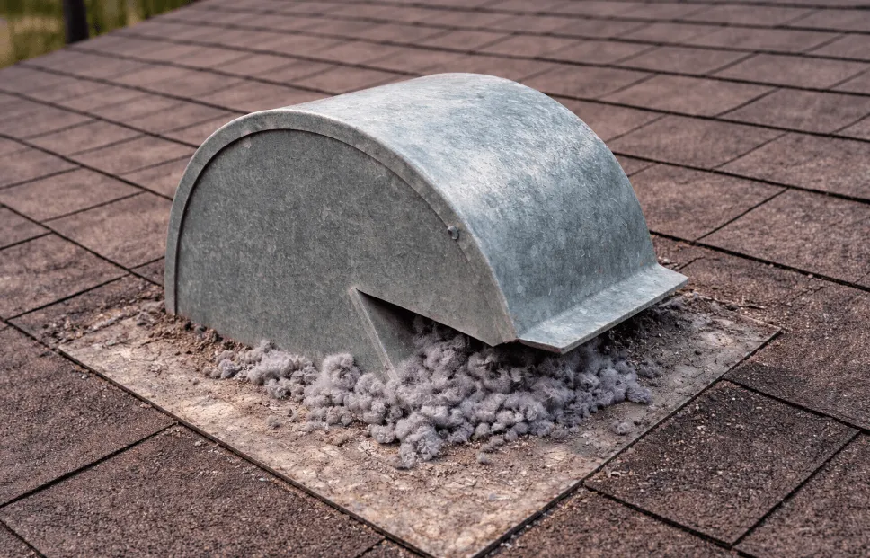 Image of a roof dryer vent with lint buildup around rooftop exhaust vent on shingles showing need for dryer vent cleaning and maintenance