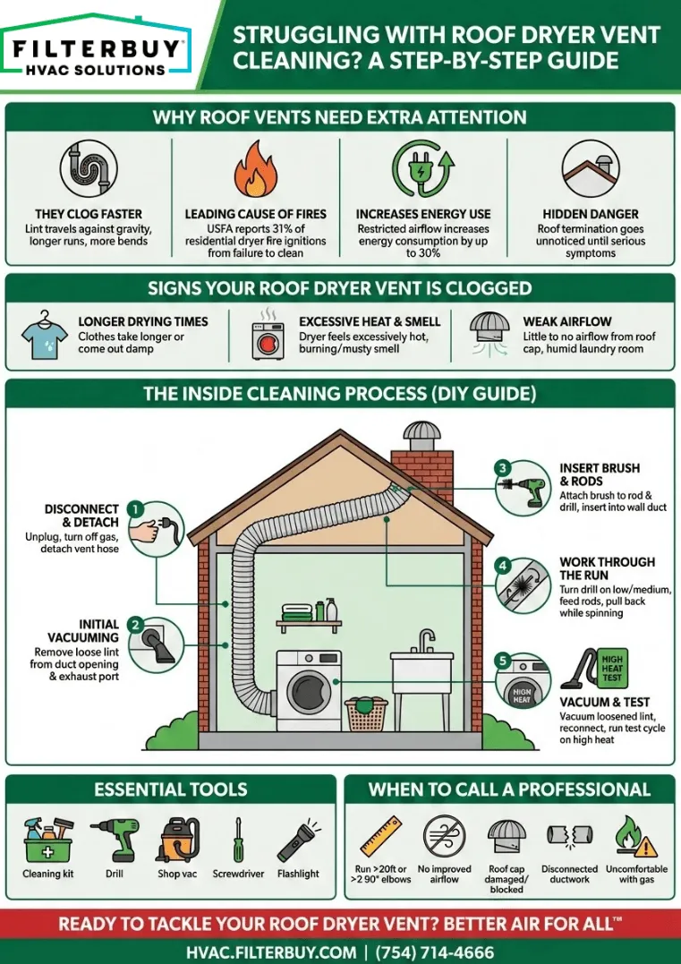 Infographic of Struggling with Roof Dryer Vent Cleaning? Here’s How to Do It – A step-by-step guide on how to clean a dryer vent that goes to the roof from inside without hassle.