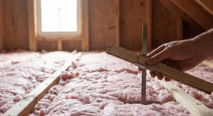 Close-up of a hand using a measuring tool to check the depth of pink fiberglass insulation between wooden joists in an attic, an important step for home energy efficiency.