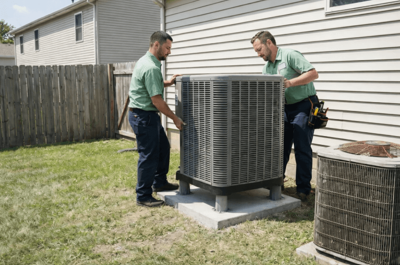 An image of HVAC technicians installing a new central air conditioning condenser unit during a residential central AC replacement to improve home cooling efficiency.