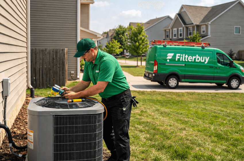 An image of an HVAC technician performing home AC system maintenance on an outdoor air conditioner condenser unit outside a residential house to keep the cooling system running efficiently.
