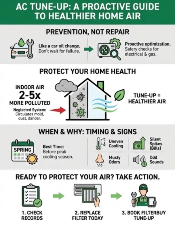 Infographic showing what does it mean to have an ac tune-up for your hvac at home, its benefits, cost, process and what it includes.