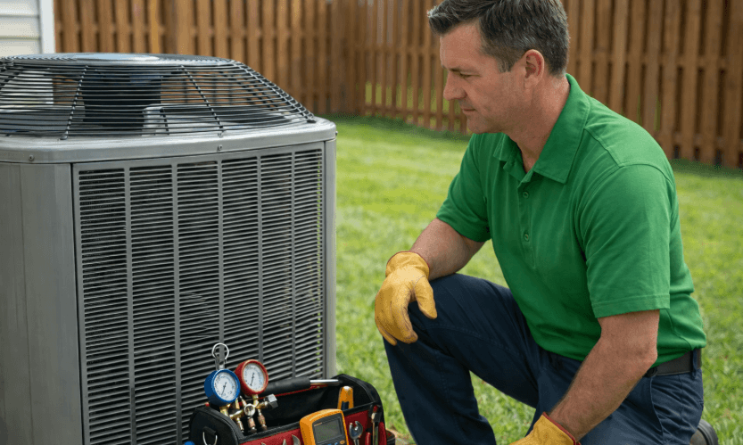A view of a professional HVAC technician performing complete AC system tune-up.
