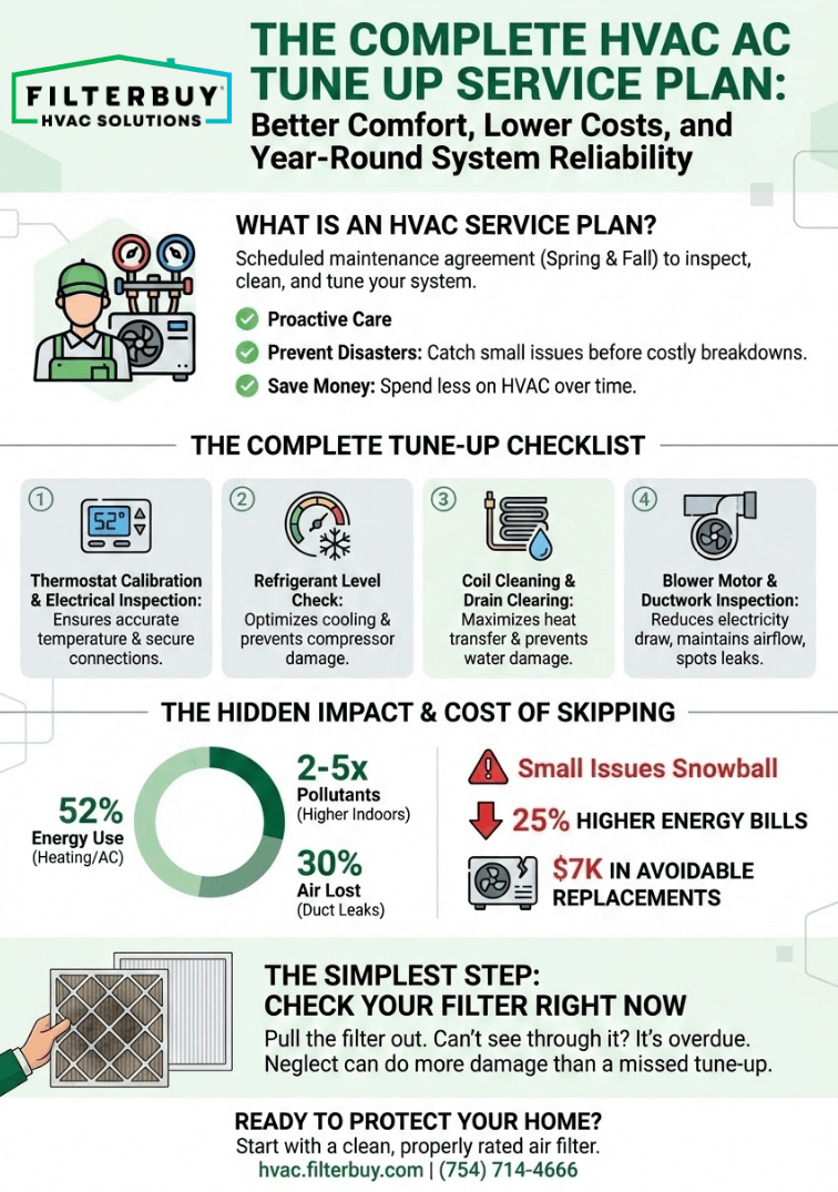 Infographic of The Complete HVAC AC Tune Up Service Plan Checklist: What Homeowners Need to Know for Better Comfort, Lower Costs, and Year-Round System Reliability
