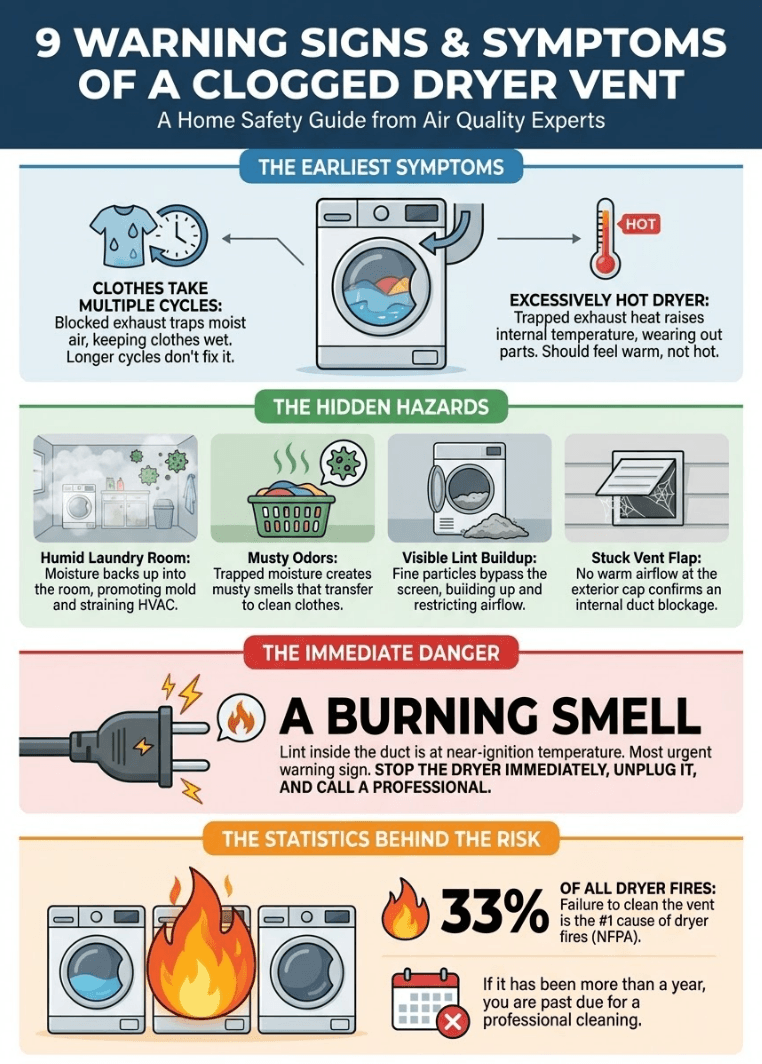 Infographic of 9 Warning Signs & Symptoms of a Clogged Dryer Vent — From HVAC Experts