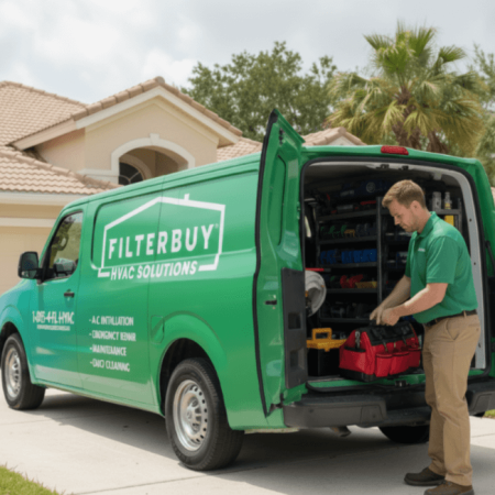Filterbuy HVAC Solutions technician organizing tools from the back of a green service van parked in front of a suburban home with palm trees and a tiled roof in Pompano Beach, Florida.